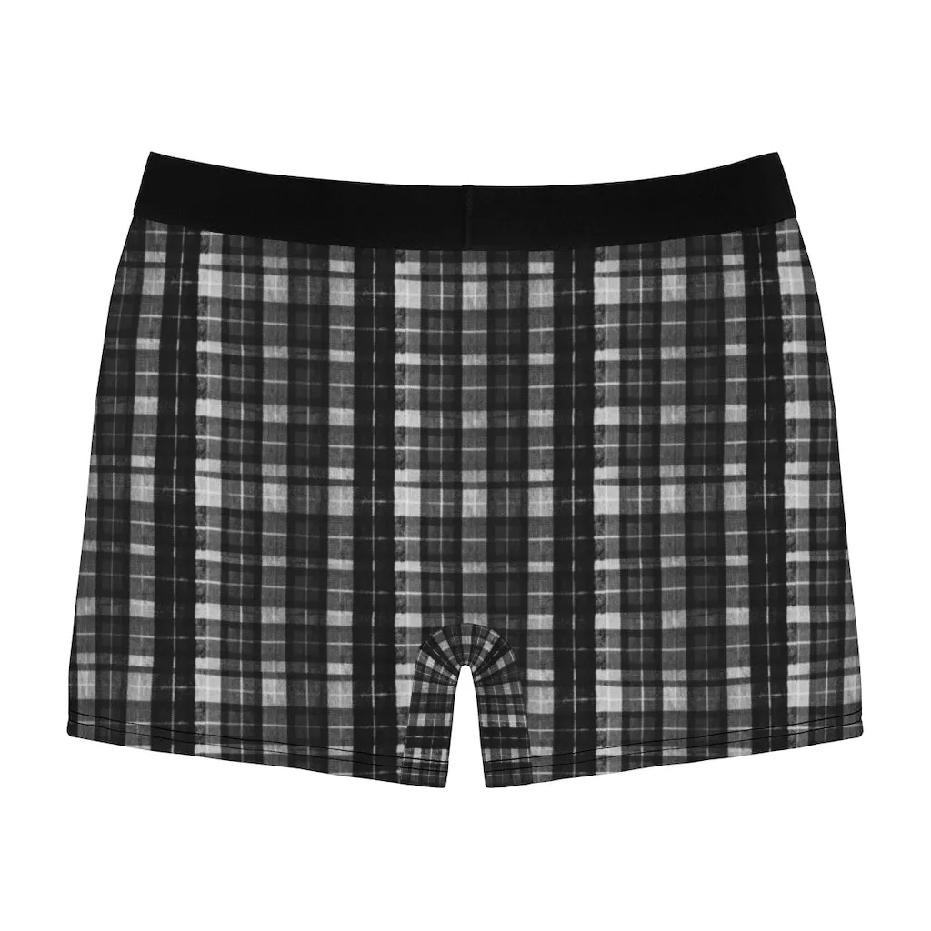 Black Plaid Print Men's Underwear, Printed Tartan Plaid Printed Designer Boxer Briefs For Men