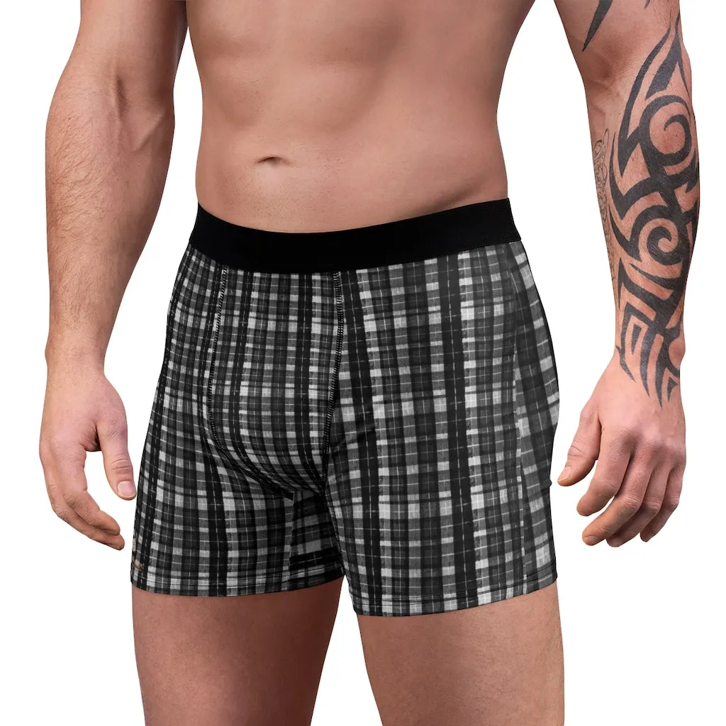 Black Plaid Print Men's Underwear, Printed Tartan Plaid Printed Designer Boxer Briefs For Men