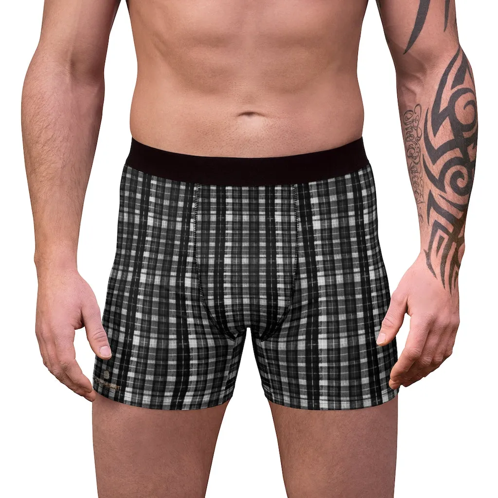 Black Plaid Print Men's Underwear, Printed Tartan Plaid Printed Designer Boxer Briefs For Men