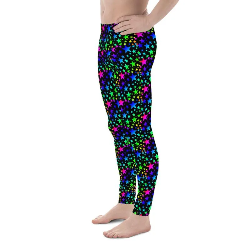 Black Rainbow Star Print Meggings, Premium Best Men's Leggings Tights- Made in USA/EU