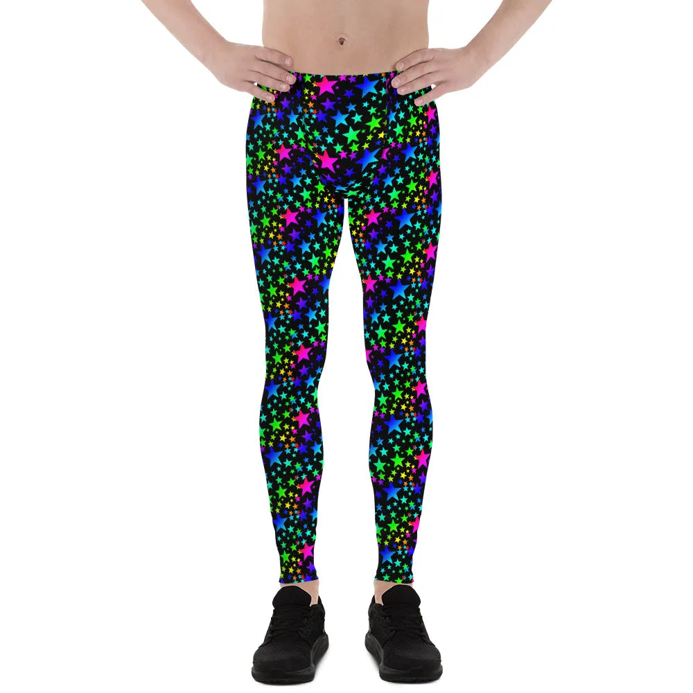 Black Rainbow Star Print Meggings, Premium Best Men's Leggings Tights- Made in USA/EU