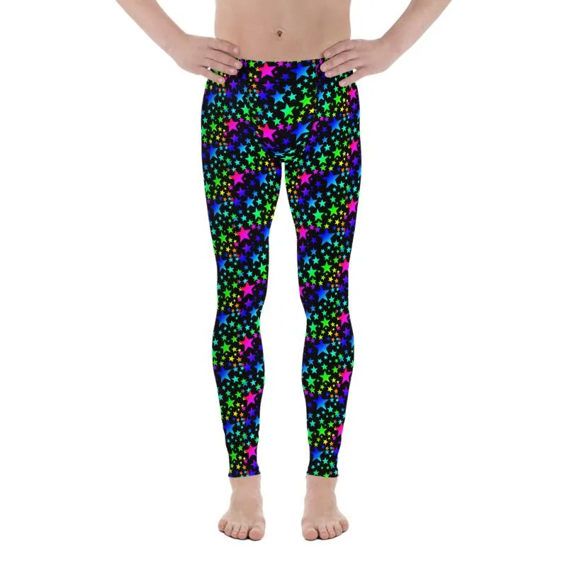 Black Rainbow Star Print Meggings, Premium Best Men's Leggings Tights- Made in USA/EU