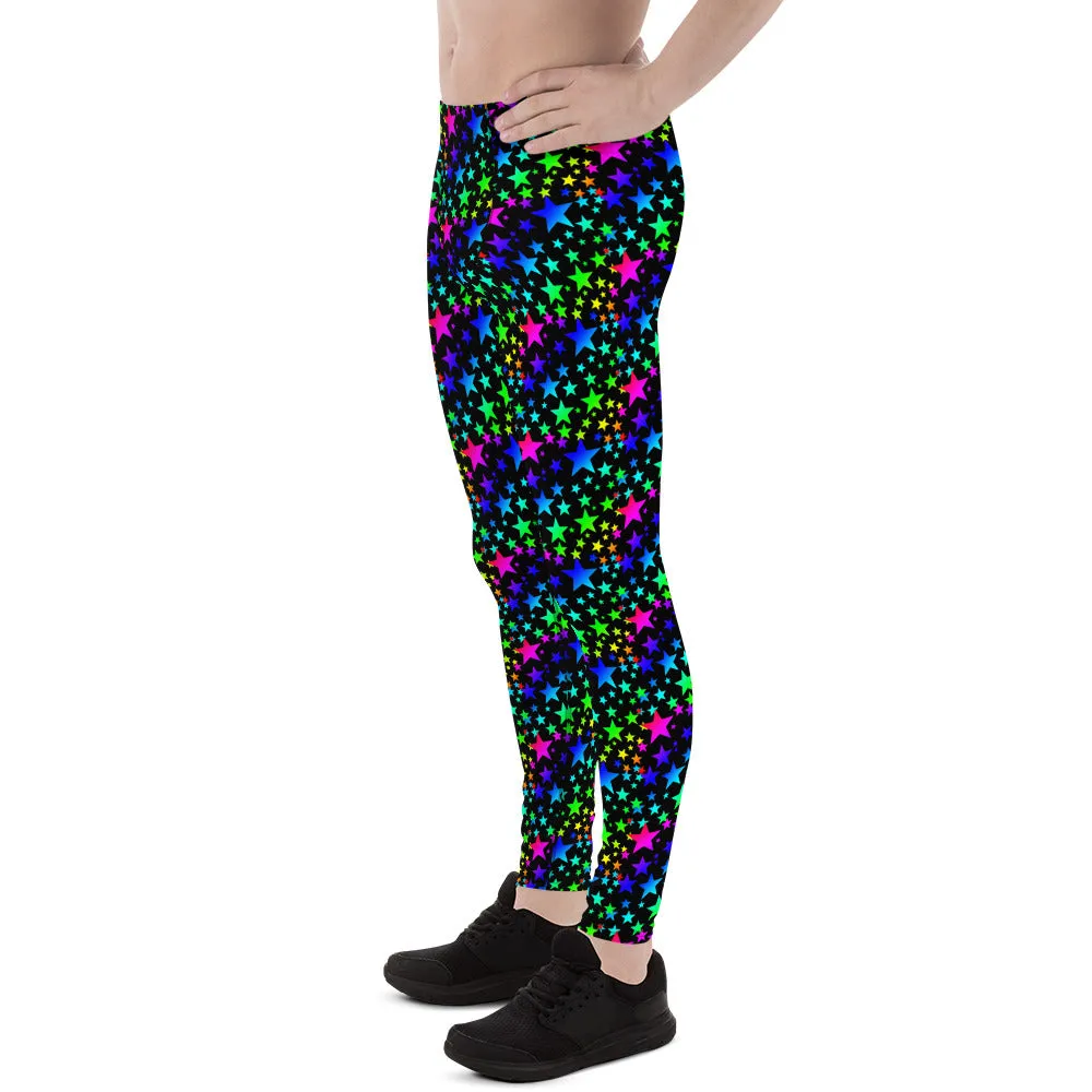 Black Rainbow Star Print Meggings, Premium Best Men's Leggings Tights- Made in USA/EU