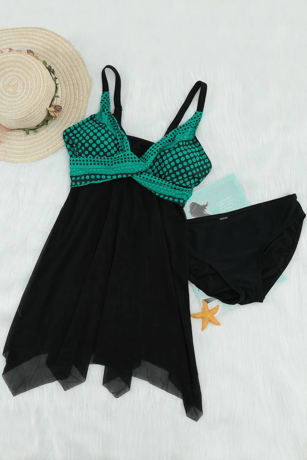 Black Retro Green Polka Dot Print Handkerchief Hem Tankini Set