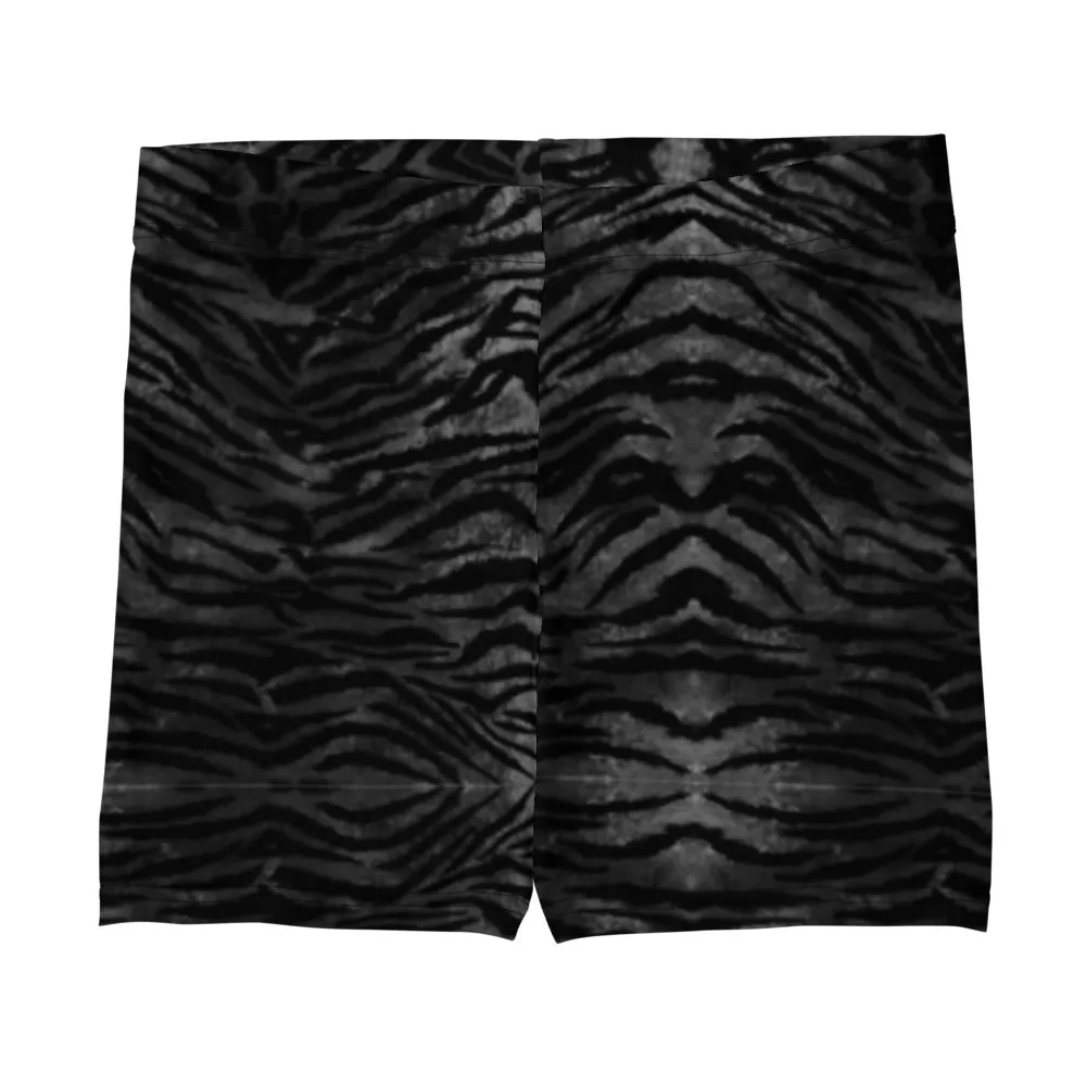 Black Tiger Striped Workout Shorts, Animal Print Designer Women's Short Tights-Made in USA/EU