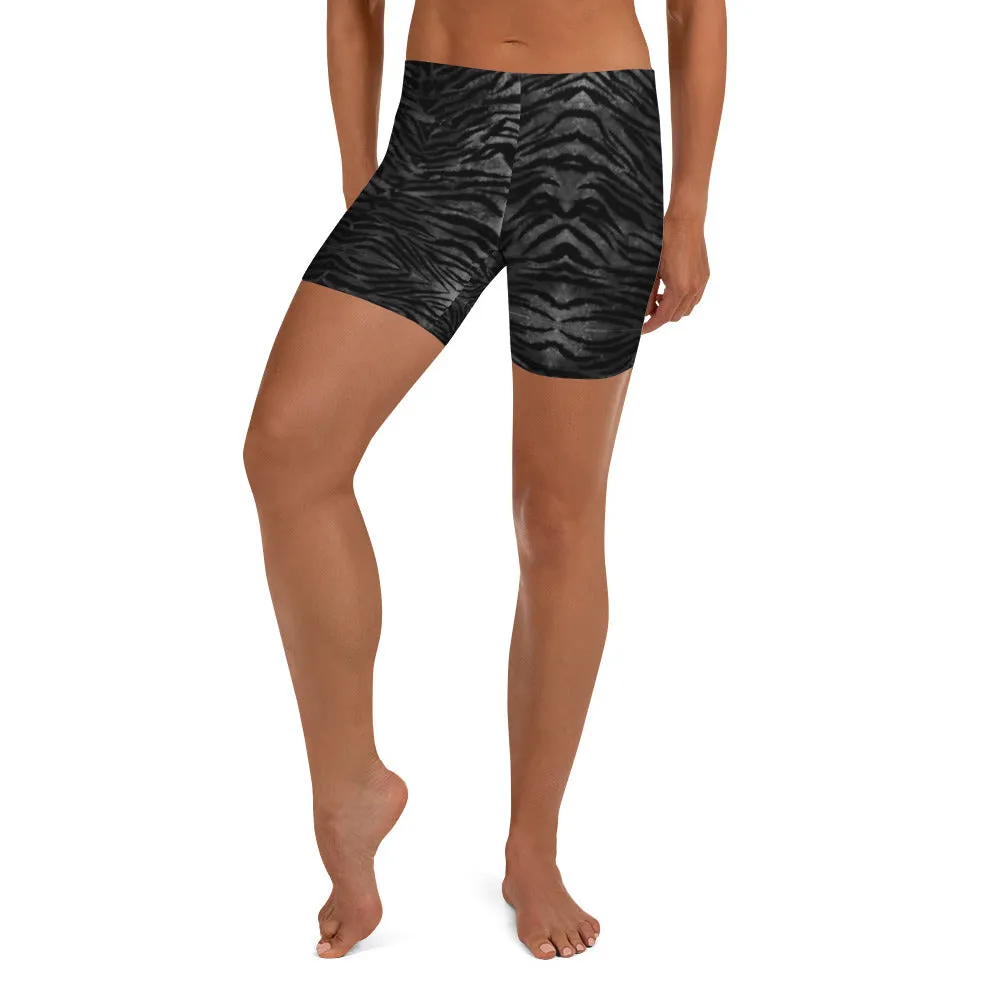 Black Tiger Striped Workout Shorts, Animal Print Designer Women's Short Tights-Made in USA/EU