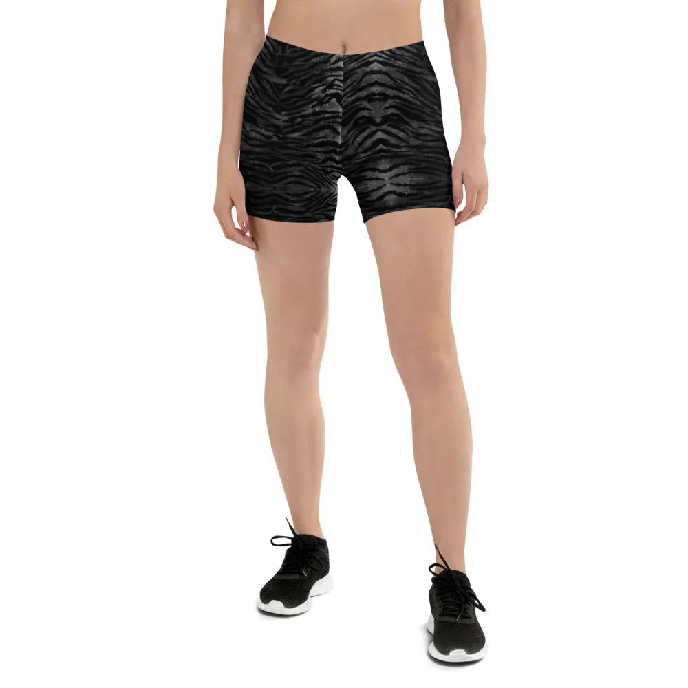 Black Tiger Striped Workout Shorts, Animal Print Designer Women's Short Tights-Made in USA/EU