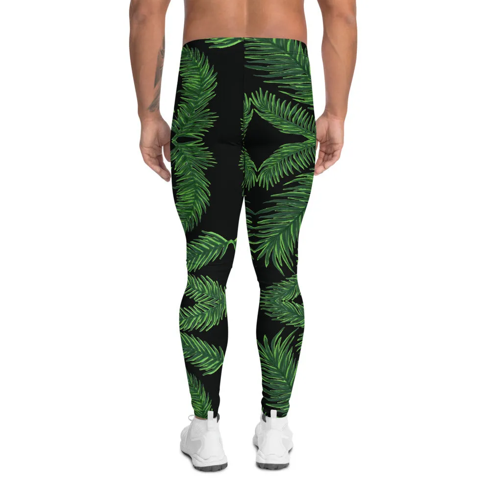 Black Tropical Leaf Men's Leggings, Palm Leaves Meggings Run Tights-Made in USA/EU