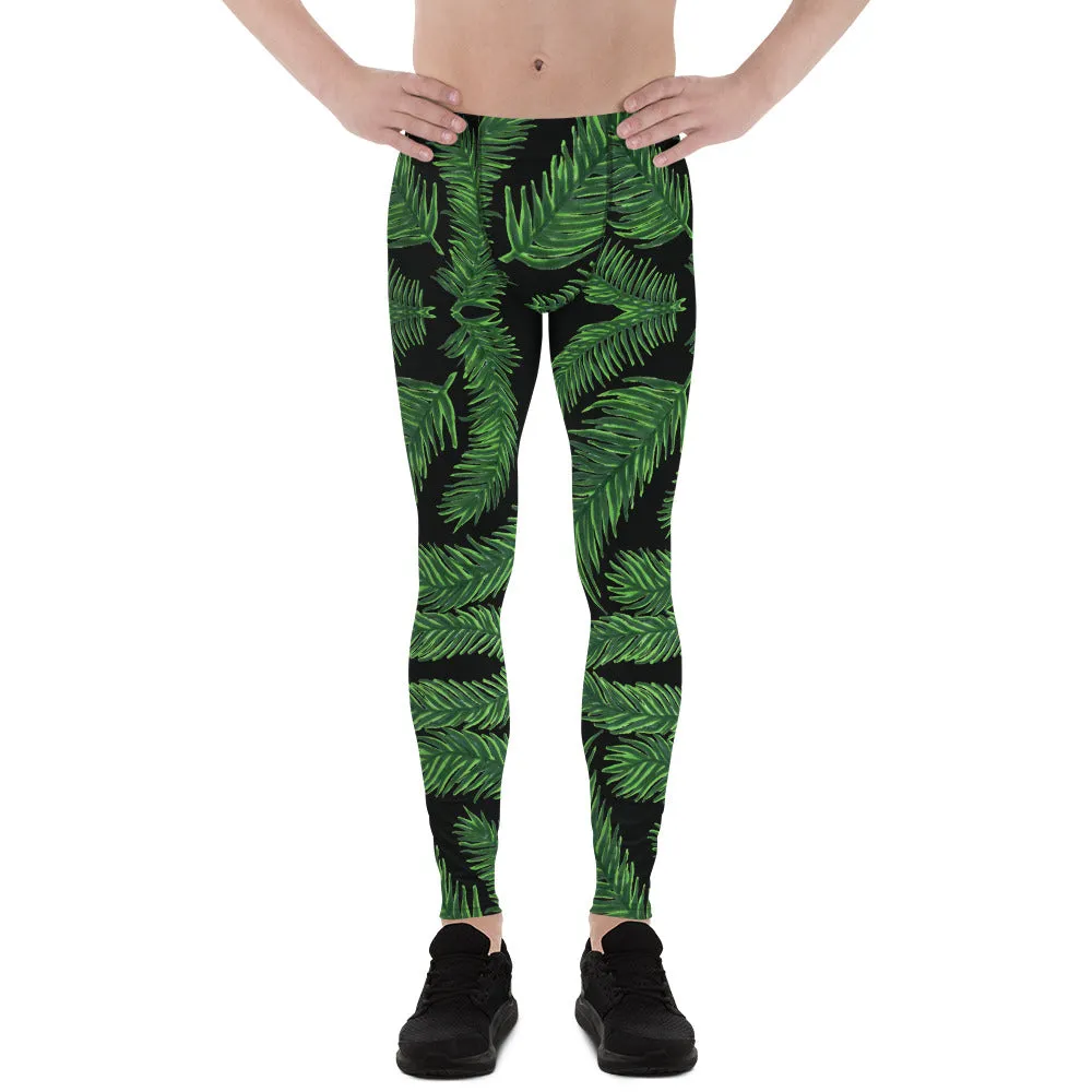 Black Tropical Leaf Men's Leggings, Palm Leaves Meggings Run Tights-Made in USA/EU