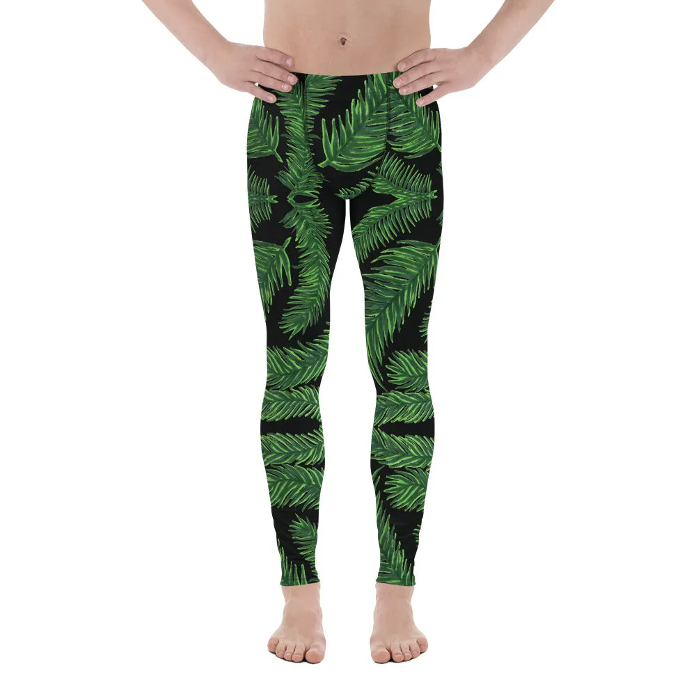 Black Tropical Leaf Men's Leggings, Palm Leaves Meggings Run Tights-Made in USA/EU