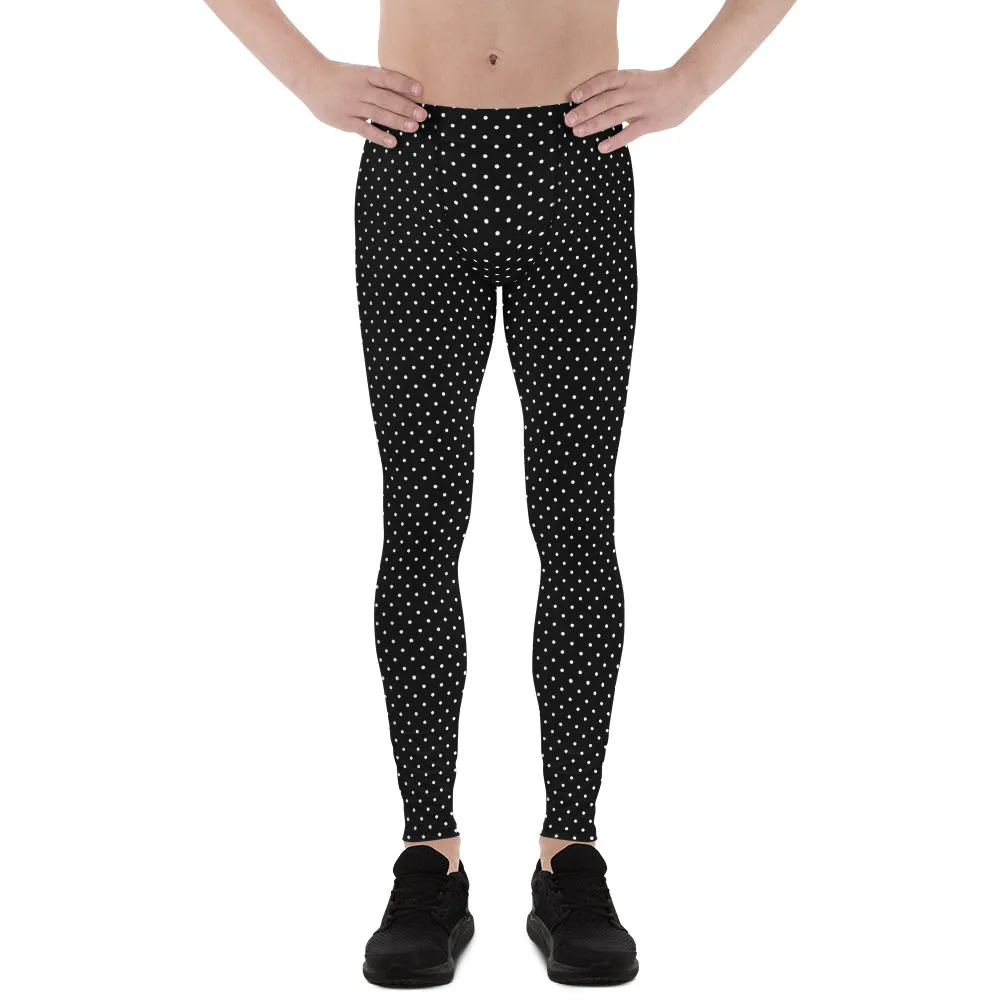 Black White Dots Men's Leggings, Cute Polka Dots Black Best Meggings-Made in USA/EU