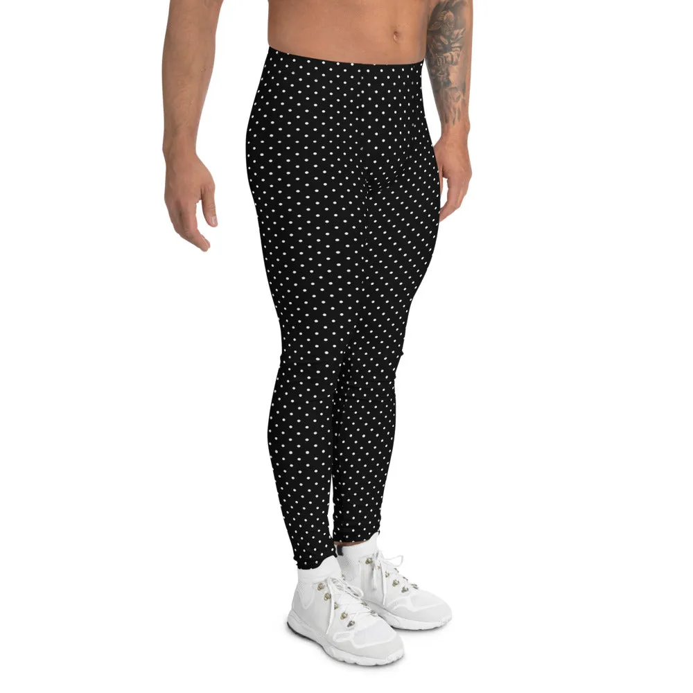 Black White Dots Men's Leggings, Cute Polka Dots Black Best Meggings-Made in USA/EU