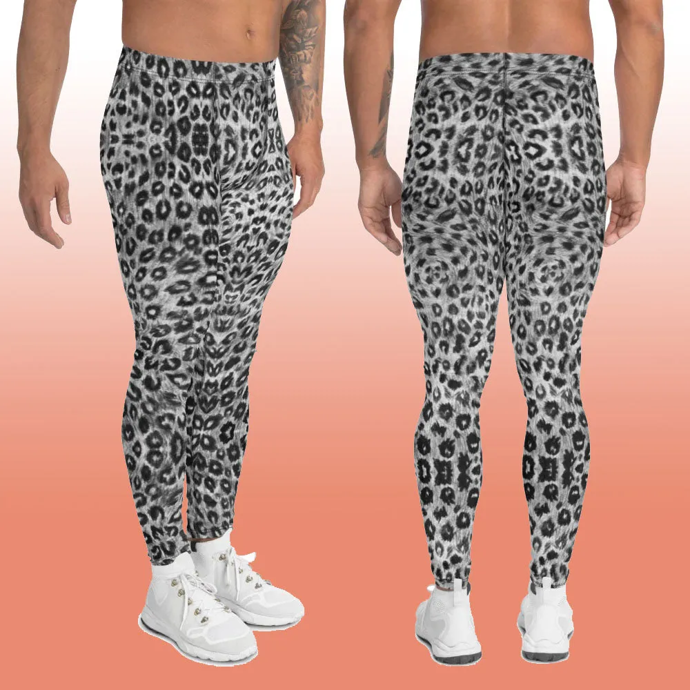 Black White Leopard Men's Leggings, Wild Animal Print Compression Tights-Made in USA/EU