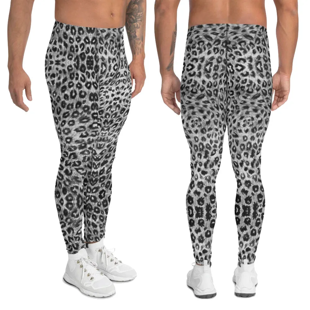 Black White Leopard Men's Leggings, Wild Animal Print Compression Tights-Made in USA/EU