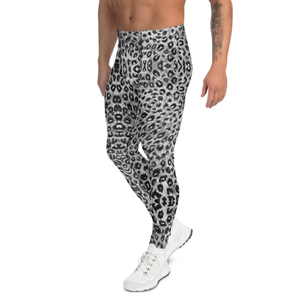 Black White Leopard Men's Leggings, Wild Animal Print Compression Tights-Made in USA/EU