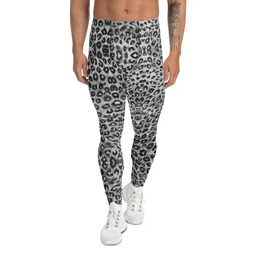 Black White Leopard Men's Leggings, Wild Animal Print Compression Tights-Made in USA/EU