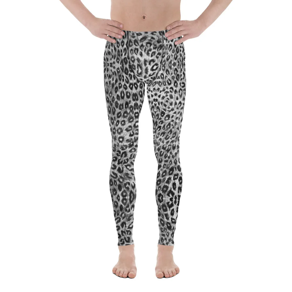 Black White Leopard Men's Leggings, Wild Animal Print Compression Tights-Made in USA/EU