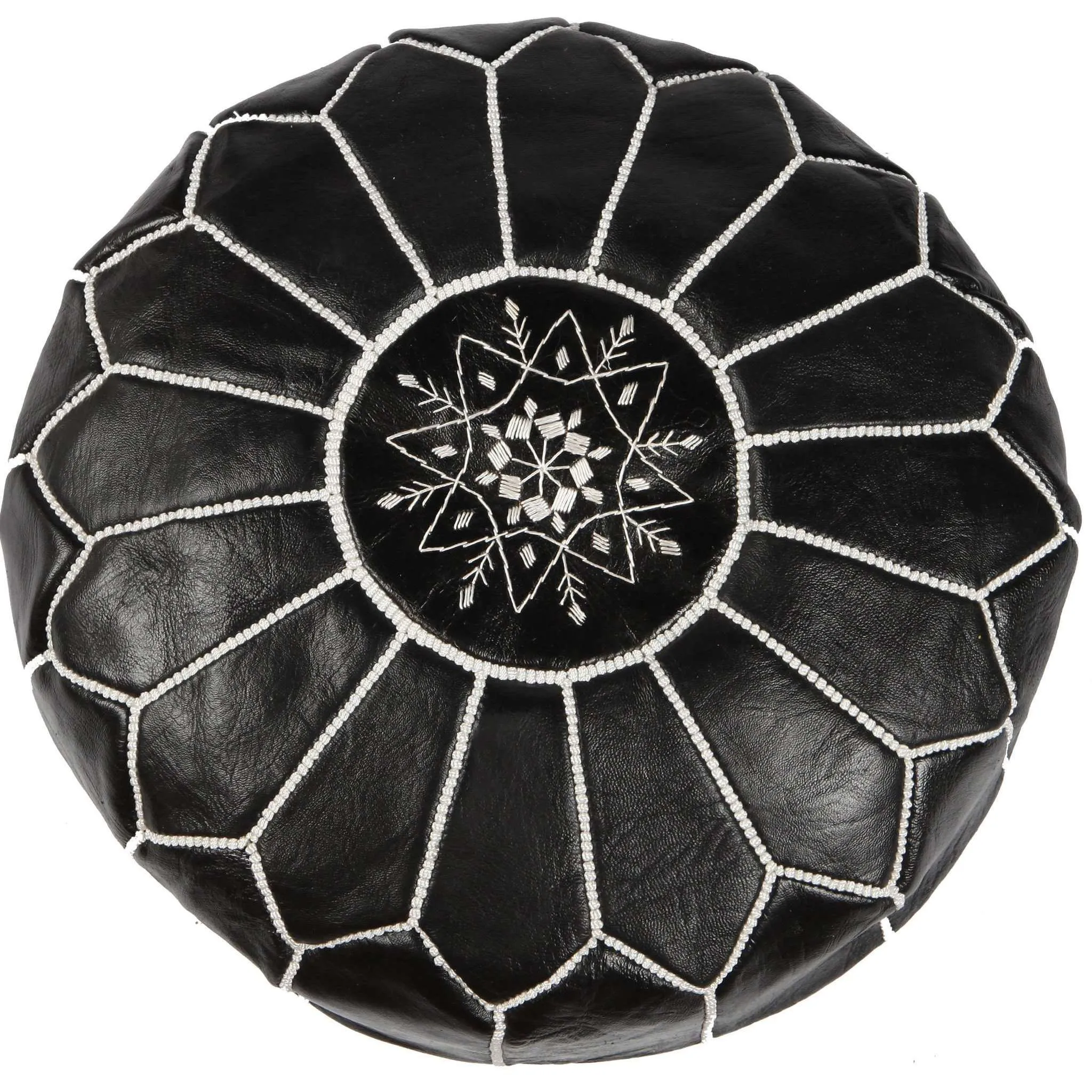 Black with White Moroccan Leather Pouffe Pouf