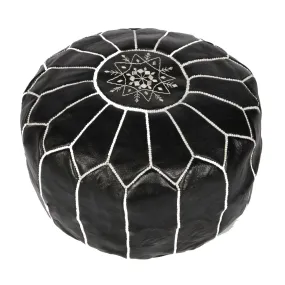 Black with White Moroccan Leather Pouffe Pouf