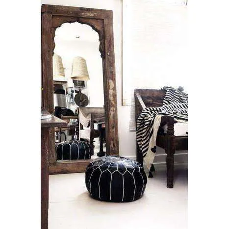 Black with White Moroccan Leather Pouffe Pouf