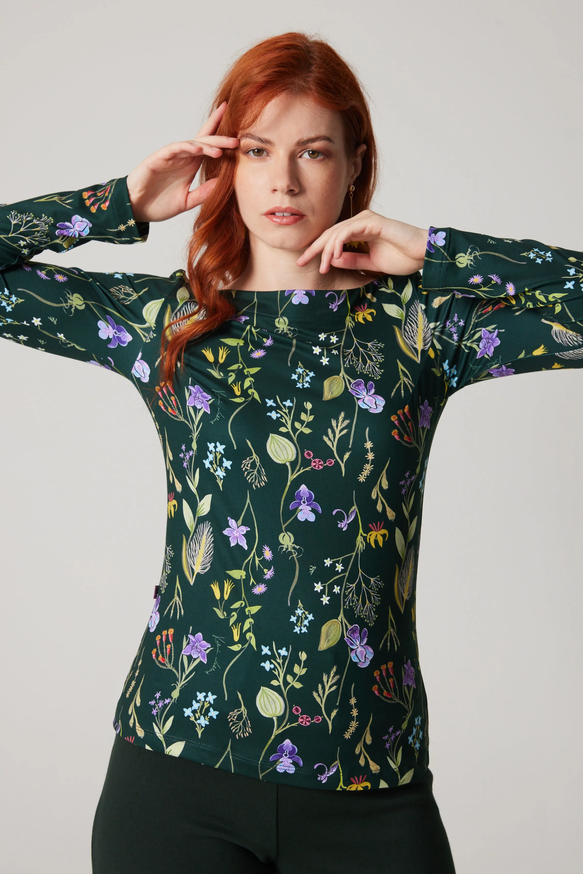 Boat Neck Long Sleeve Top - Laurentian Flowers - Green