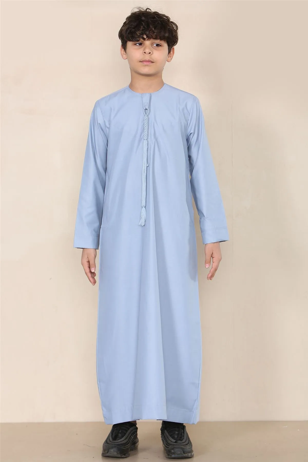 Boy's Thobe Emirati Omani Jubba Islamic Clothing Muslim Kaftan Eid Robe String Tassel