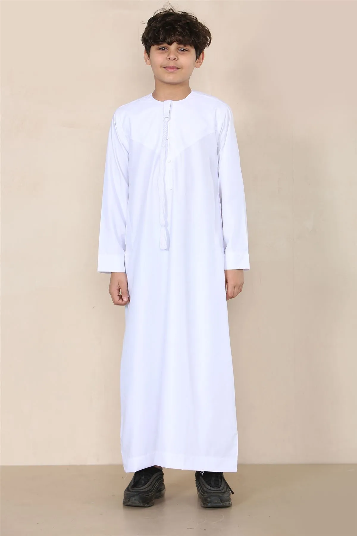 Boy's Thobe Emirati Omani Jubba Islamic Clothing Muslim Kaftan Eid Robe String Tassel