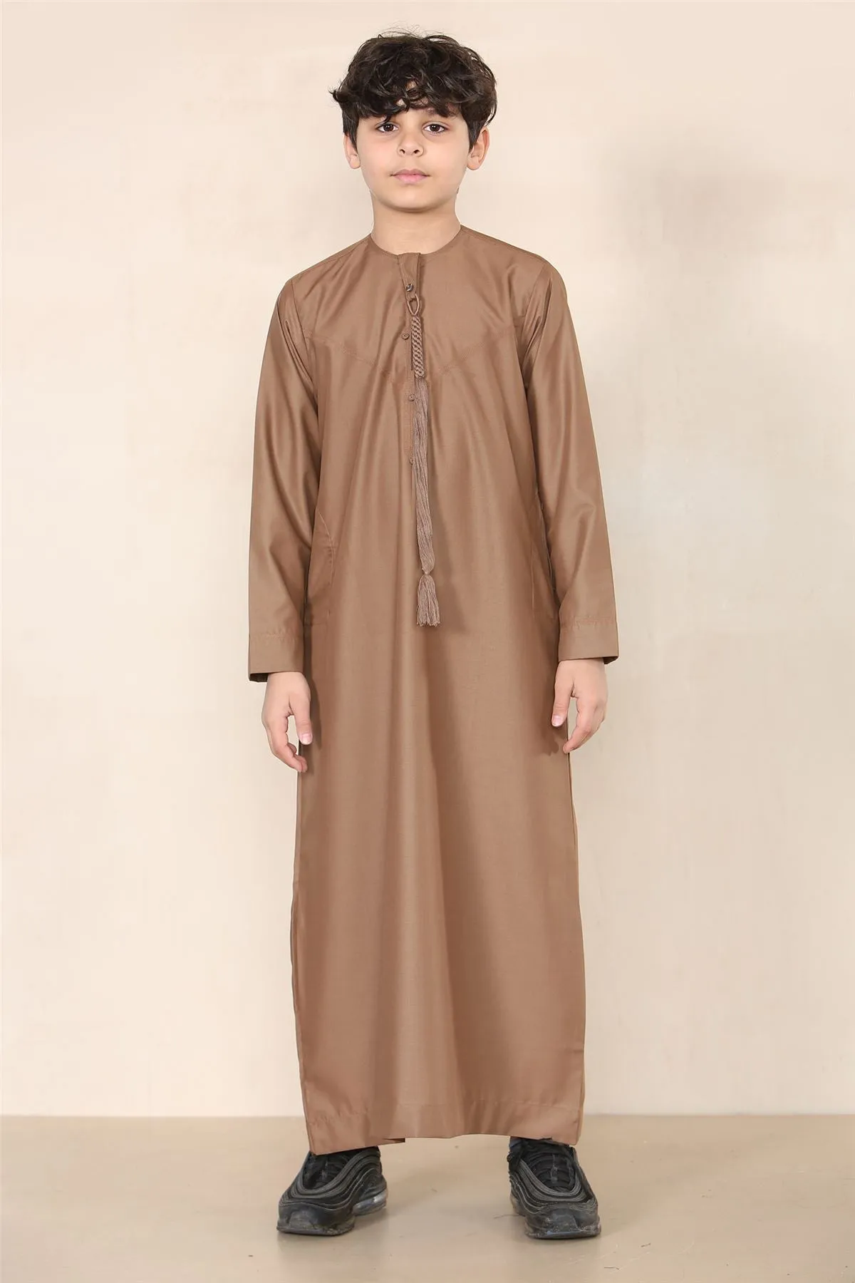 Boy's Thobe Emirati Omani Jubba Islamic Clothing Muslim Kaftan Eid Robe String Tassel