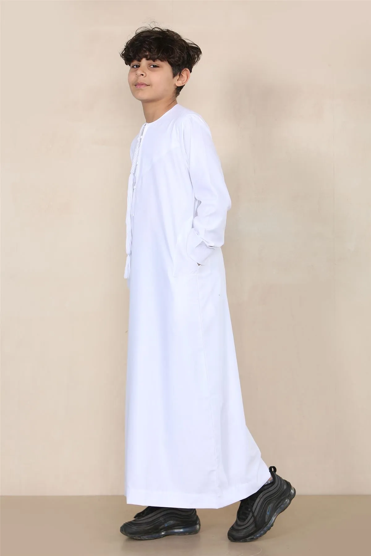 Boy's Thobe Emirati Omani Jubba Islamic Clothing Muslim Kaftan Eid Robe String Tassel