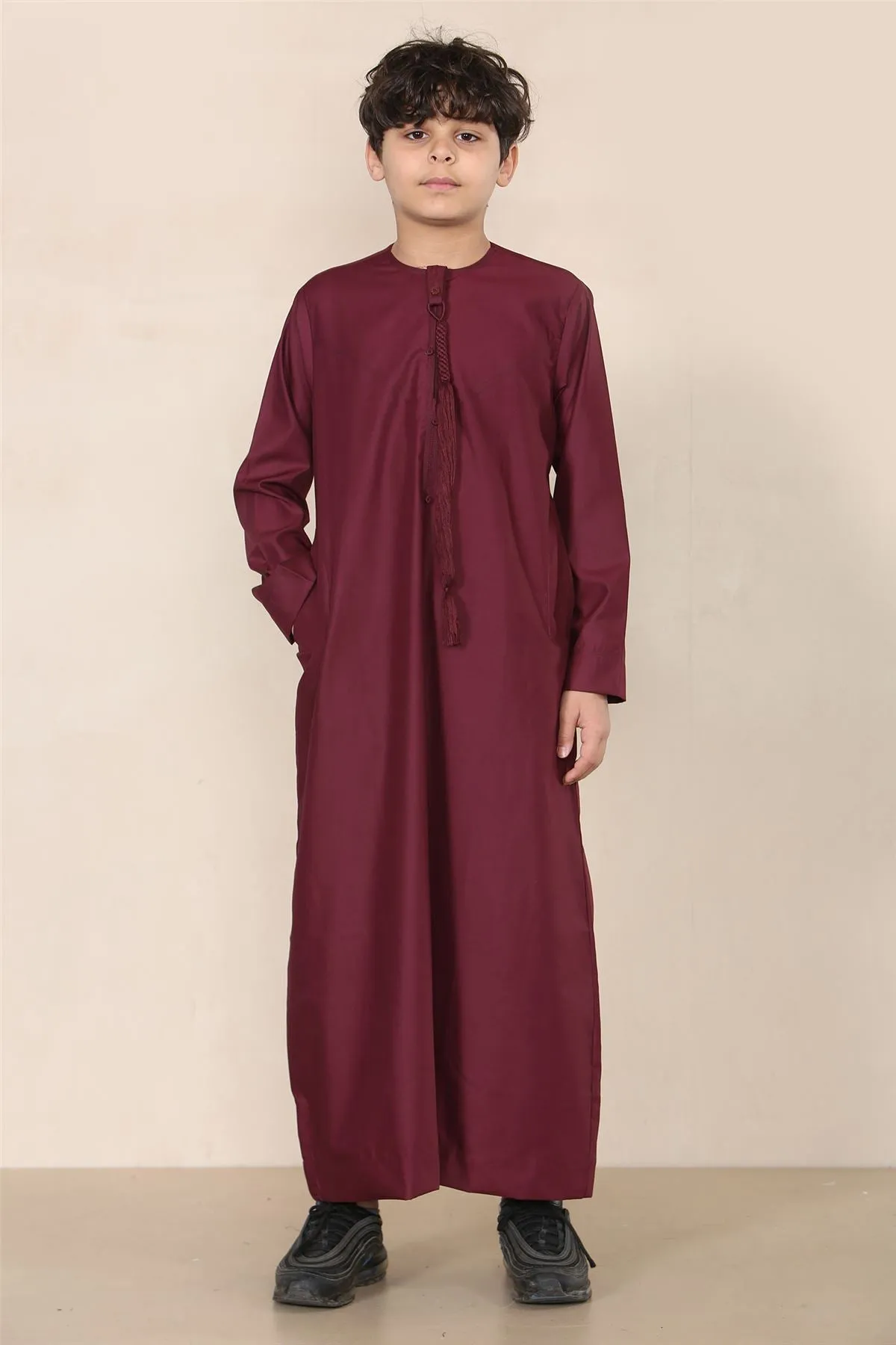 Boy's Thobe Emirati Omani Jubba Islamic Clothing Muslim Kaftan Eid Robe String Tassel