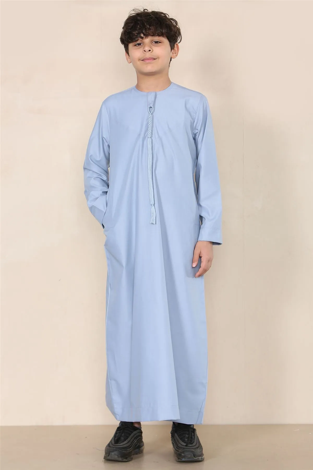 Boy's Thobe Emirati Omani Jubba Islamic Clothing Muslim Kaftan Eid Robe String Tassel