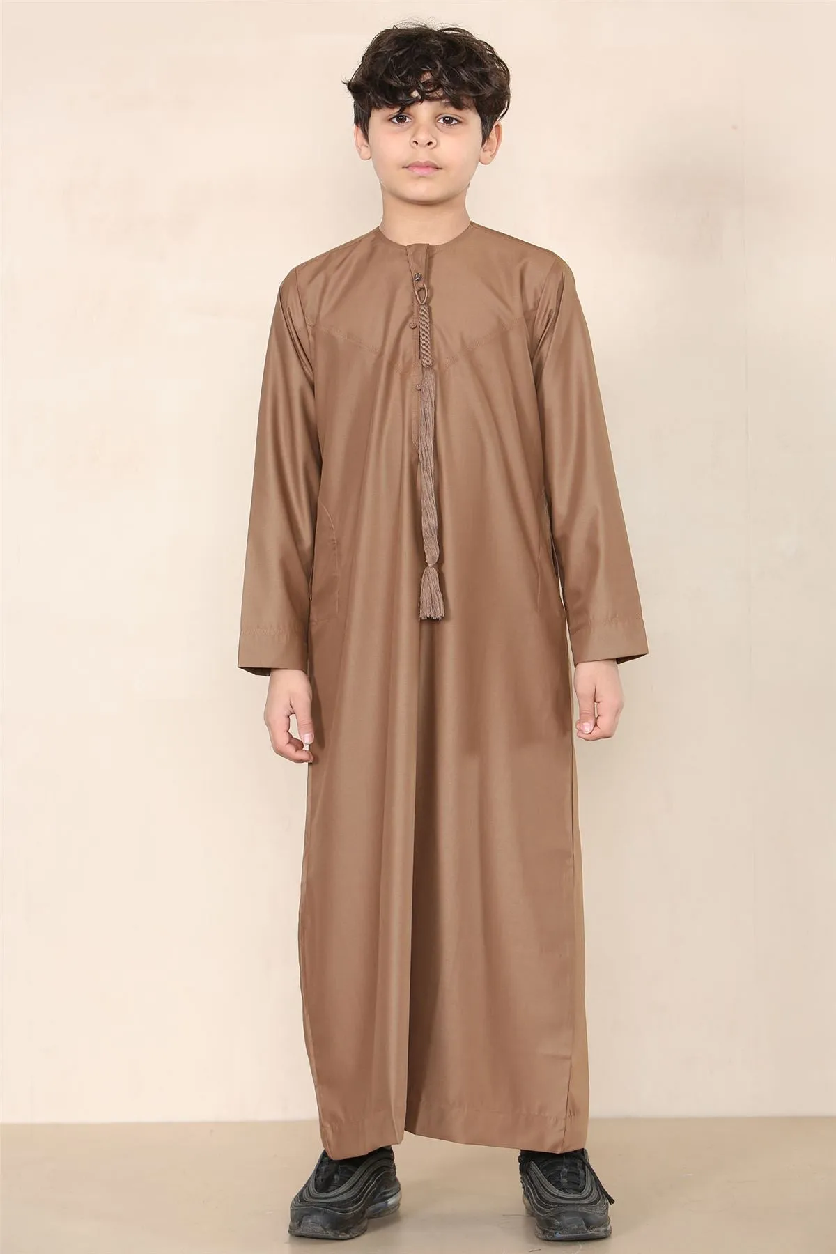 Boy's Thobe Emirati Omani Jubba Islamic Clothing Muslim Kaftan Eid Robe String Tassel