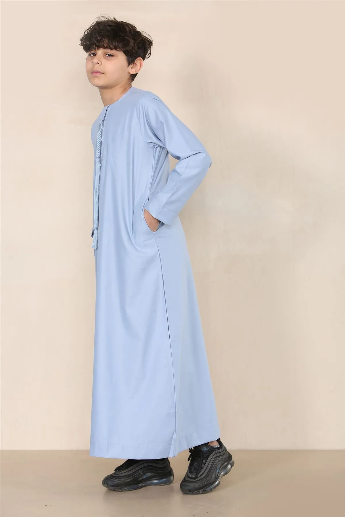 Boy's Thobe Emirati Omani Jubba Islamic Clothing Muslim Kaftan Eid Robe String Tassel