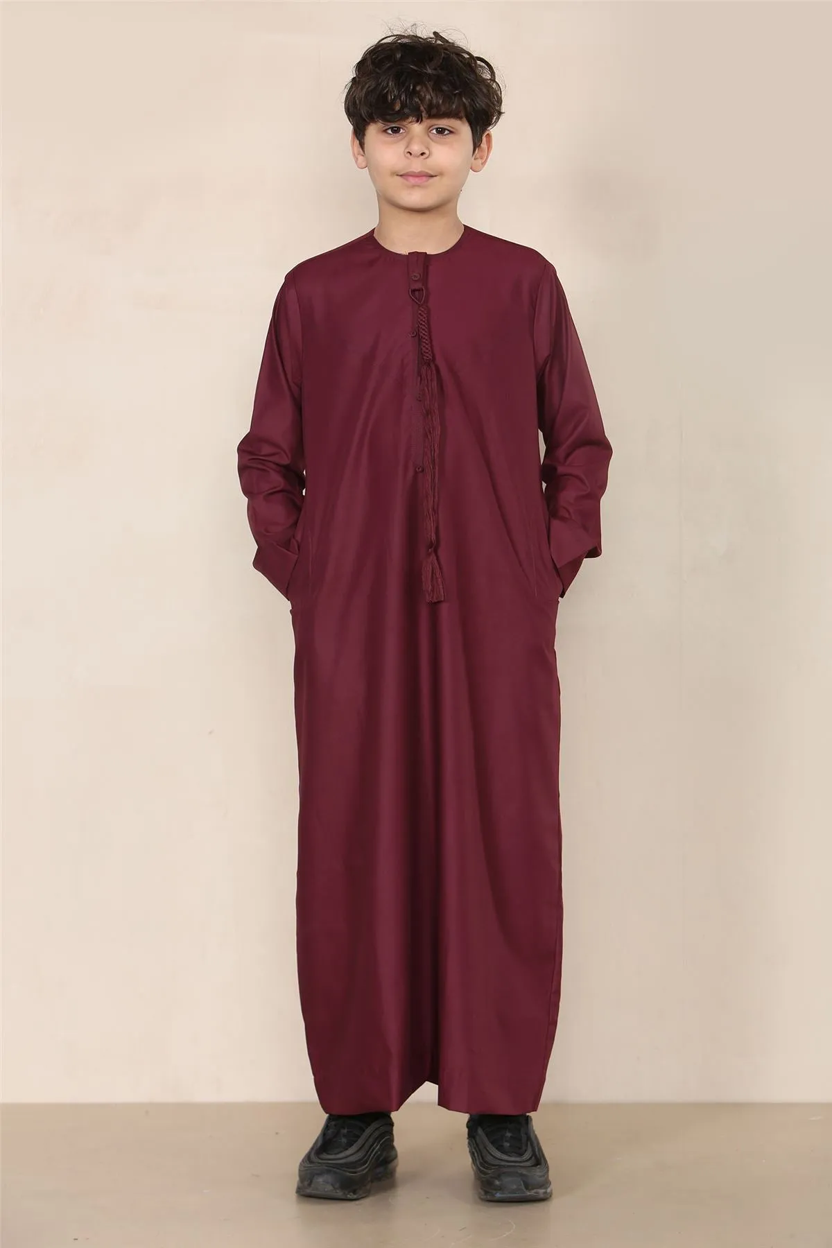 Boy's Thobe Emirati Omani Jubba Islamic Clothing Muslim Kaftan Eid Robe String Tassel