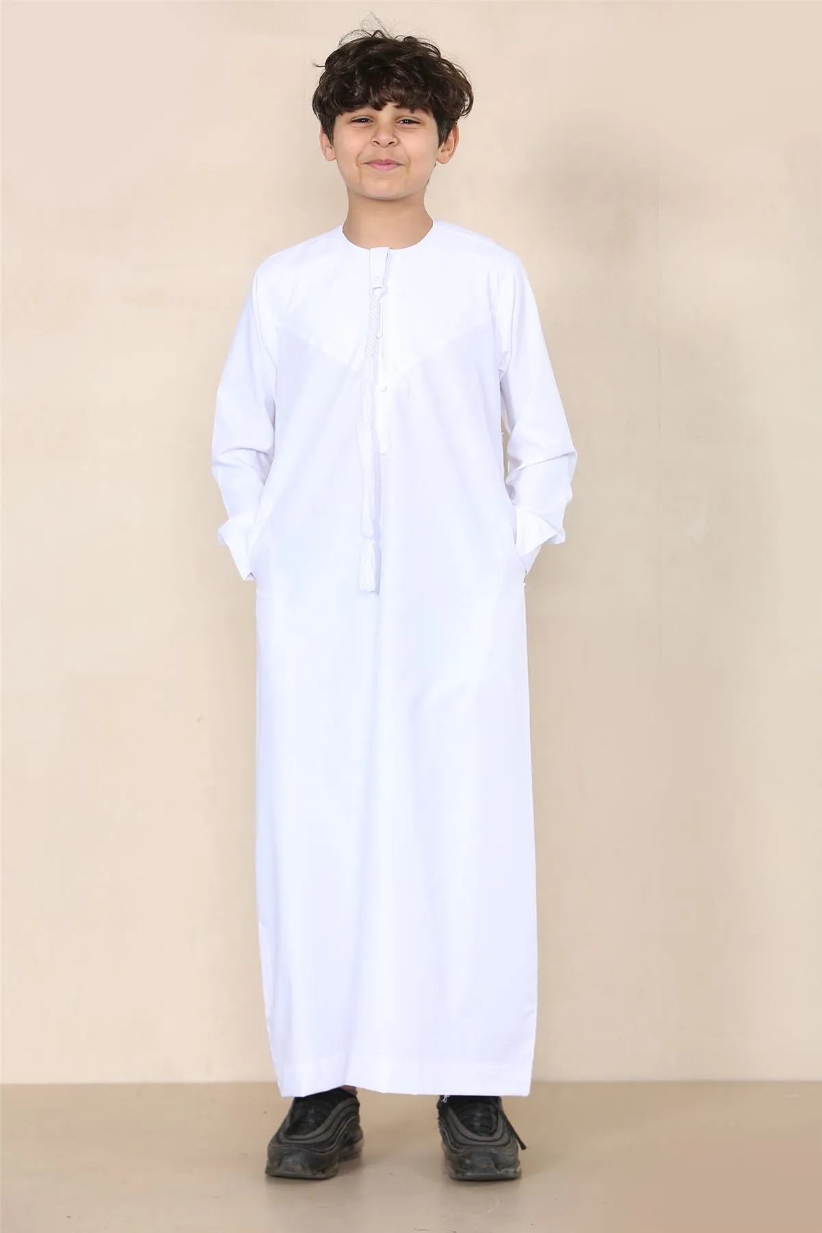 Boy's Thobe Emirati Omani Jubba Islamic Clothing Muslim Kaftan Eid Robe String Tassel