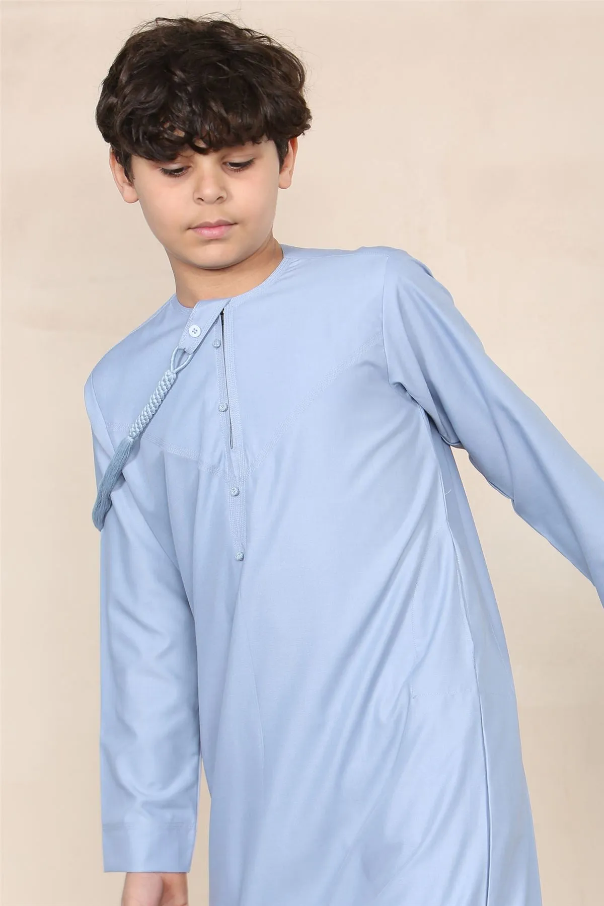 Boy's Thobe Emirati Omani Jubba Islamic Clothing Muslim Kaftan Eid Robe String Tassel