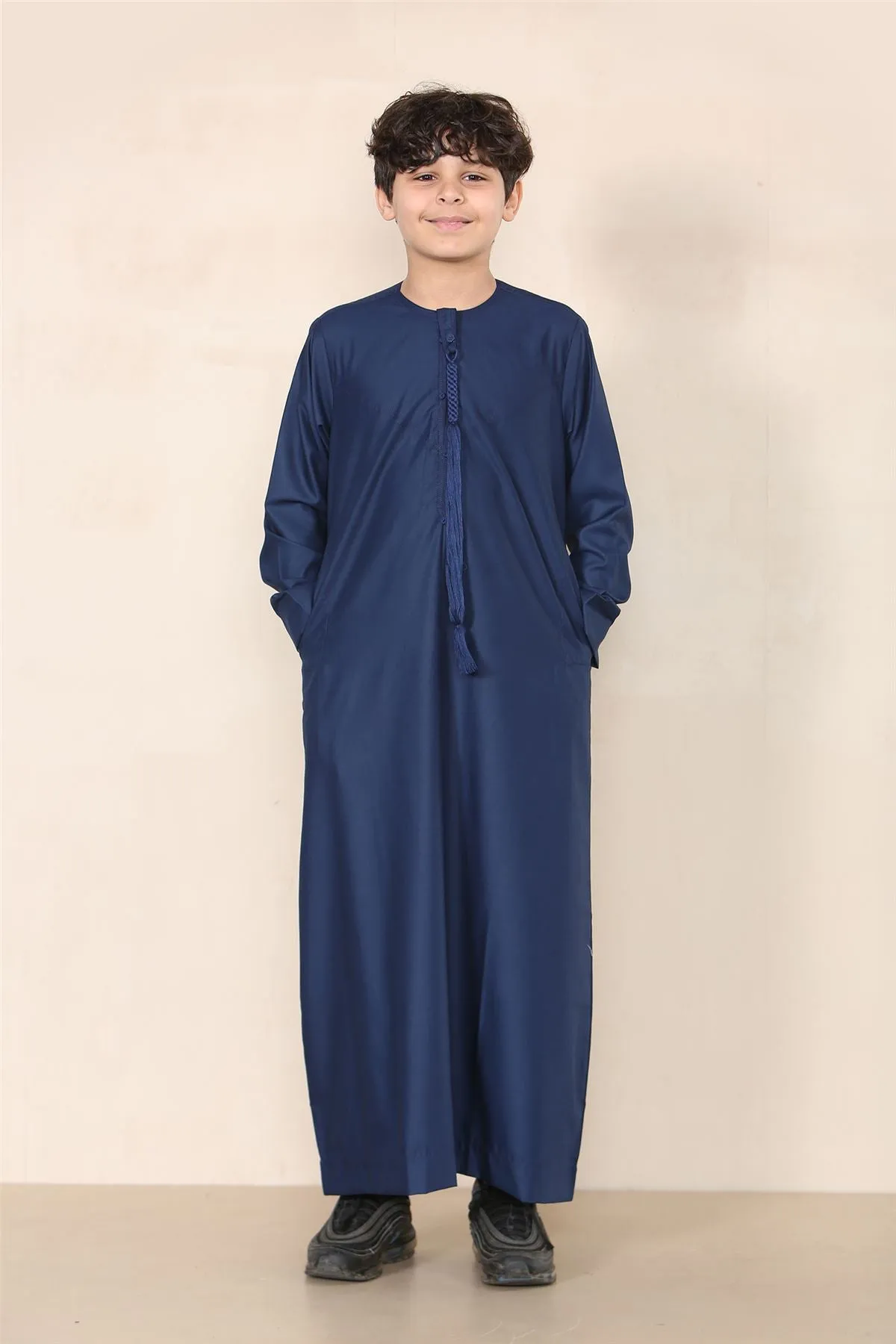 Boy's Thobe Emirati Omani Jubba Islamic Clothing Muslim Kaftan Eid Robe String Tassel