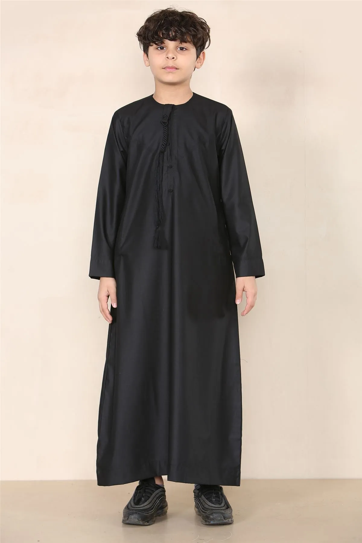 Boy's Thobe Emirati Omani Jubba Islamic Clothing Muslim Kaftan Eid Robe String Tassel