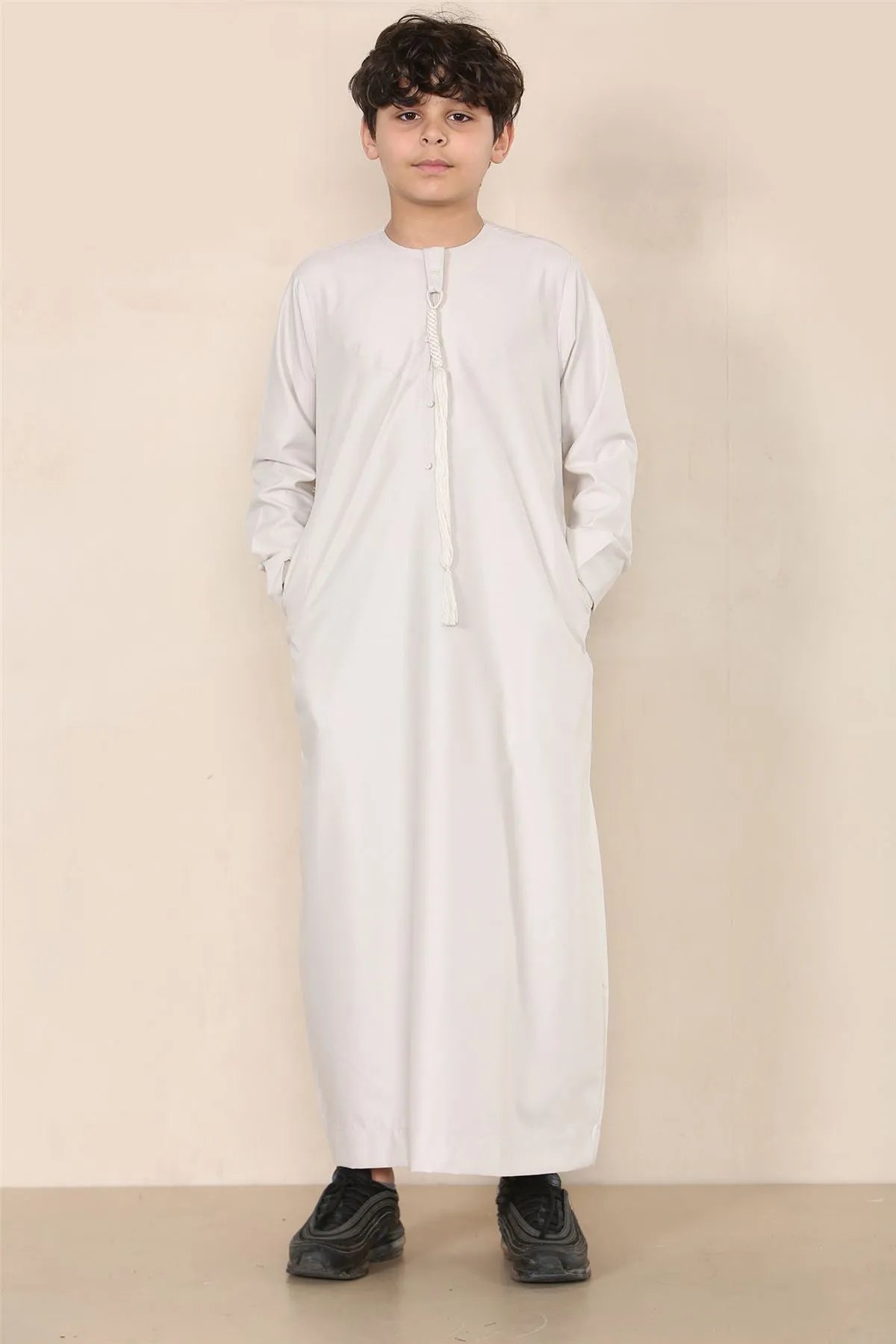 Boy's Thobe Emirati Omani Jubba Islamic Clothing Muslim Kaftan Eid Robe String Tassel