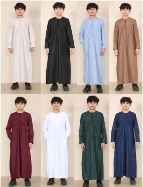 Boy's Thobe Emirati Omani Jubba Islamic Clothing Muslim Kaftan Eid Robe String Tassel