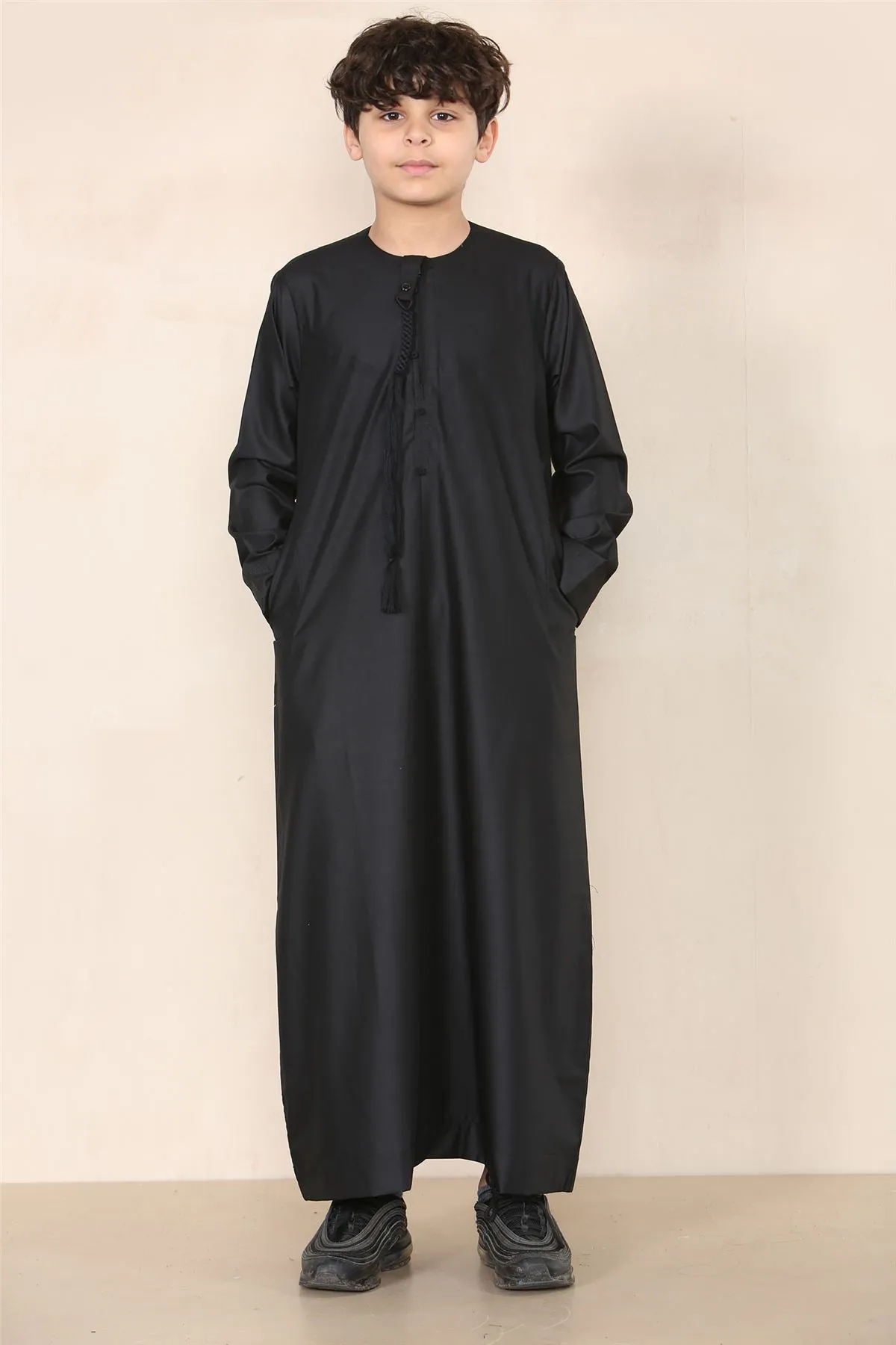 Boy's Thobe Emirati Omani Jubba Islamic Clothing Muslim Kaftan Eid Robe String Tassel