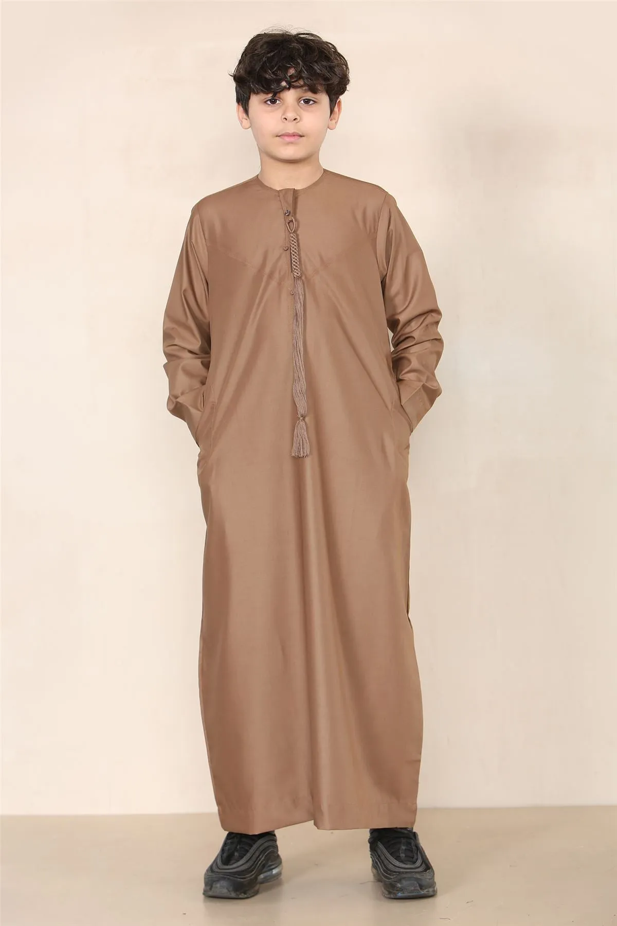 Boy's Thobe Emirati Omani Jubba Islamic Clothing Muslim Kaftan Eid Robe String Tassel