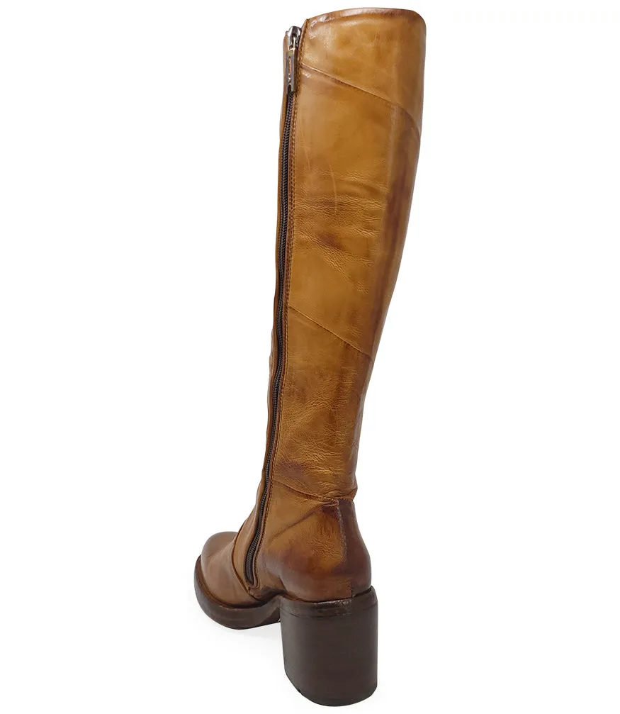 Brown Leather Platform Knee High Boot