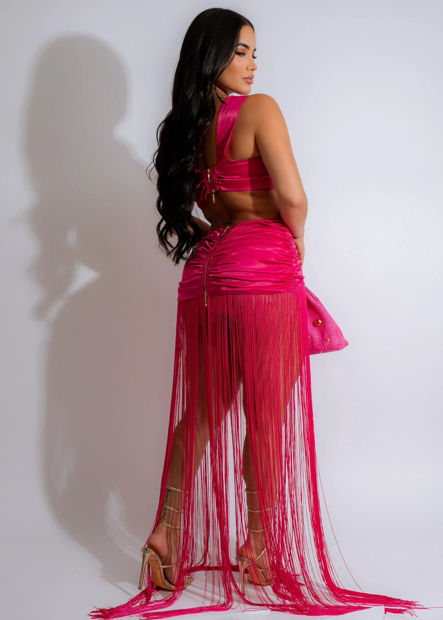 Captivating Fringe Ruched Maxi Dress Pink