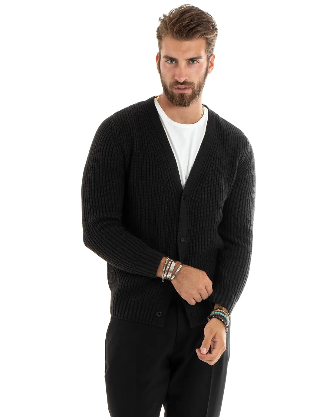 Cardigan Uomo Giacca Con Bottoni Maglioncino Scollo V Maglia Inglese Nero GIOSAL-M2694A