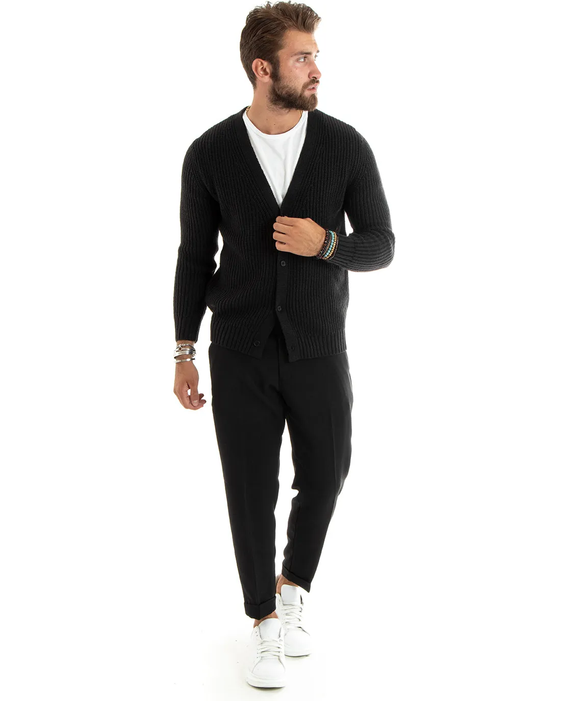 Cardigan Uomo Giacca Con Bottoni Maglioncino Scollo V Maglia Inglese Nero GIOSAL-M2694A