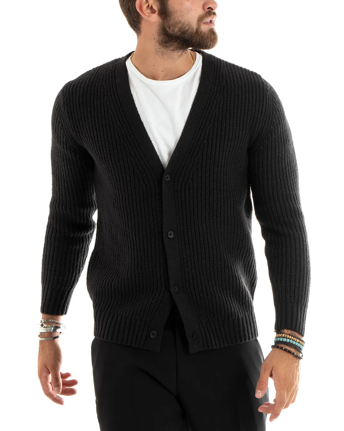 Cardigan Uomo Giacca Con Bottoni Maglioncino Scollo V Maglia Inglese Nero GIOSAL-M2694A