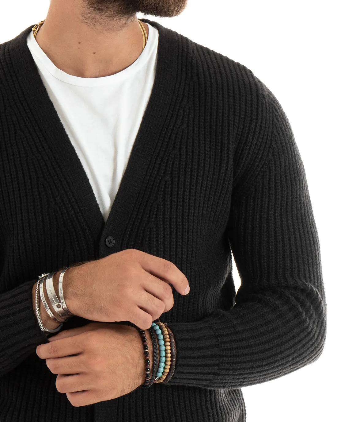 Cardigan Uomo Giacca Con Bottoni Maglioncino Scollo V Maglia Inglese Nero GIOSAL-M2694A