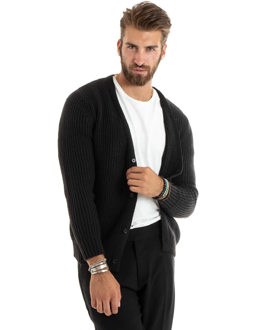 Cardigan Uomo Giacca Con Bottoni Maglioncino Scollo V Maglia Inglese Nero GIOSAL-M2694A