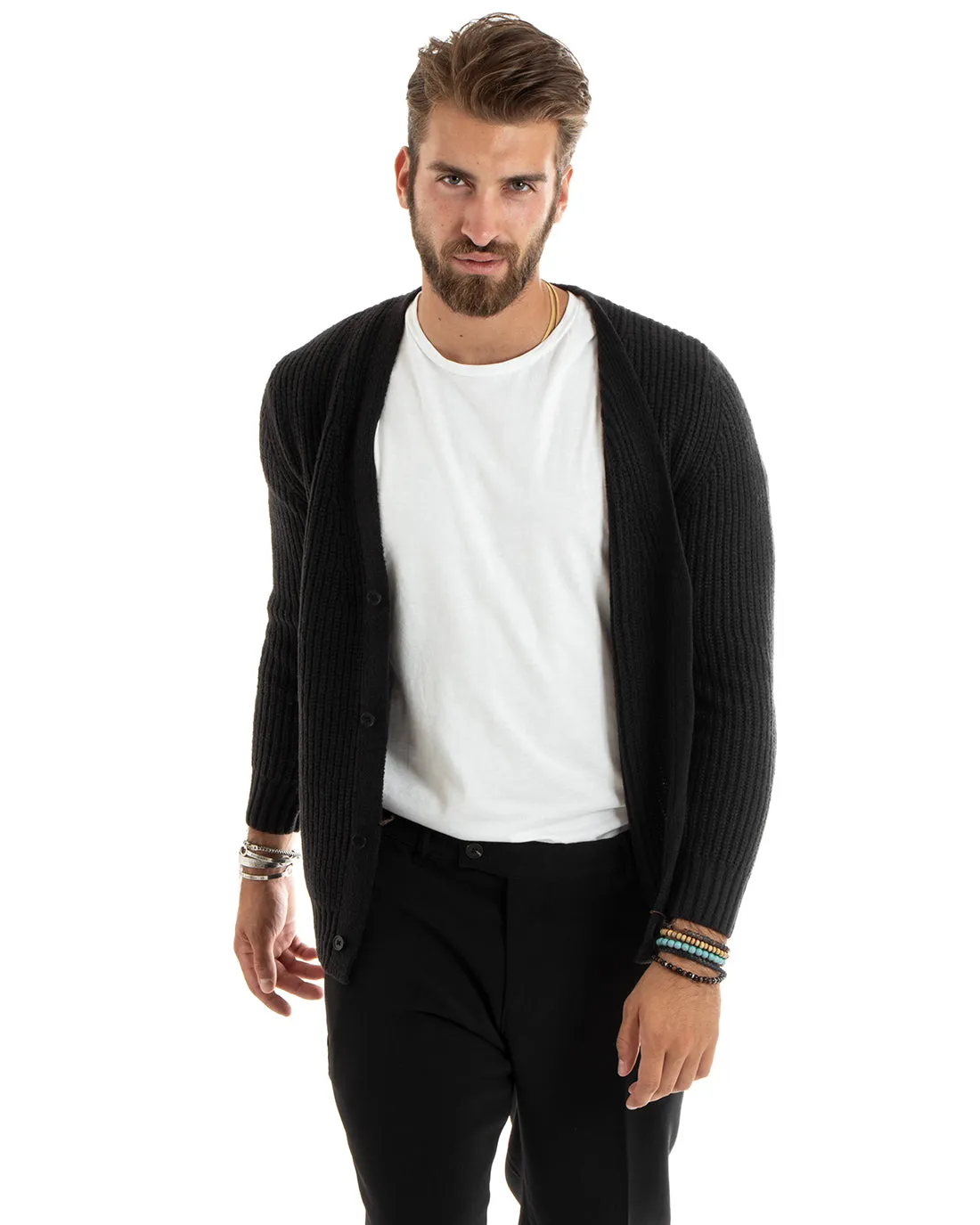 Cardigan Uomo Giacca Con Bottoni Maglioncino Scollo V Maglia Inglese Nero GIOSAL-M2694A